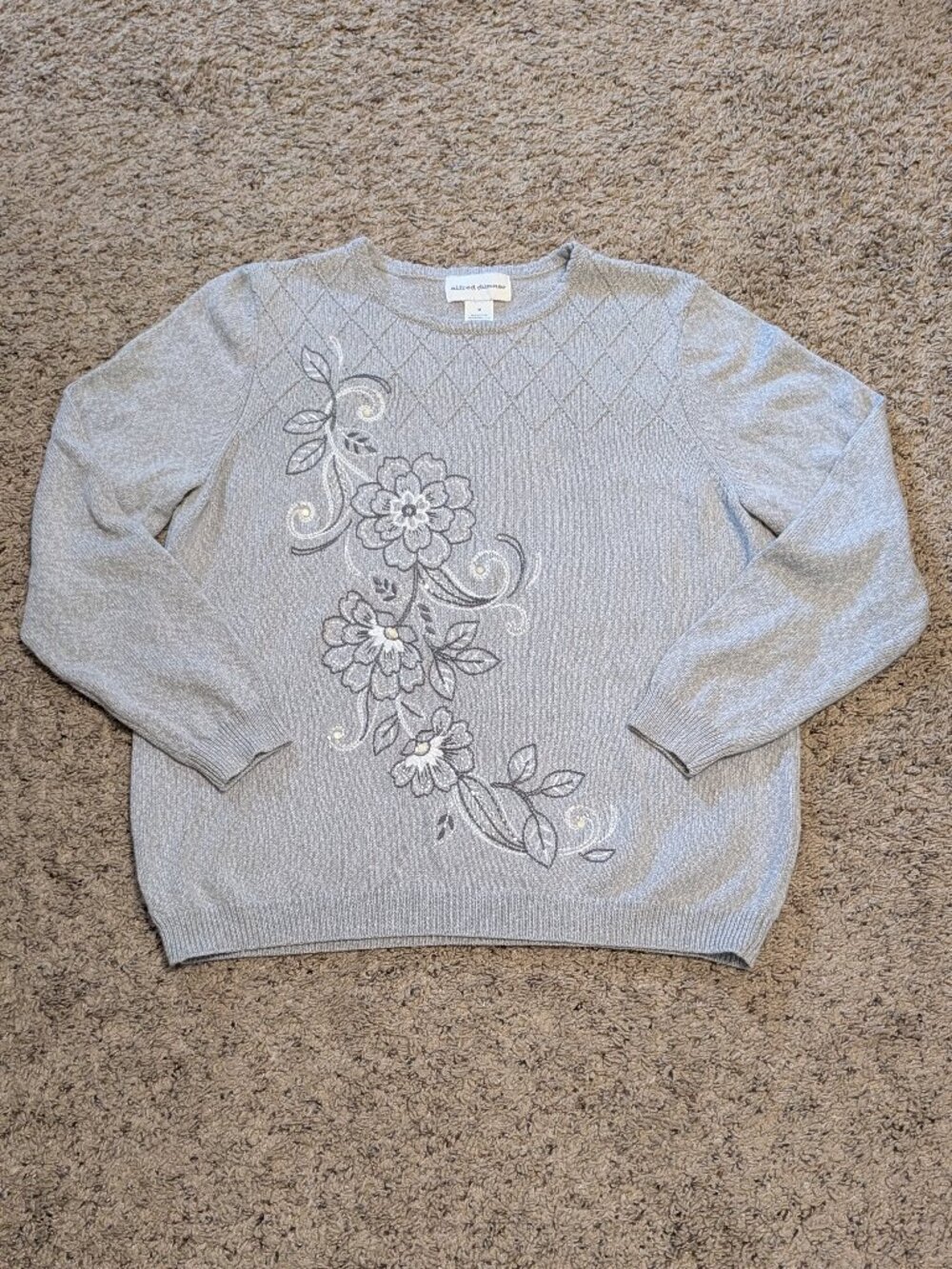 Alfred Dunner Gray Floral Embroidered Sweater Womens Medium